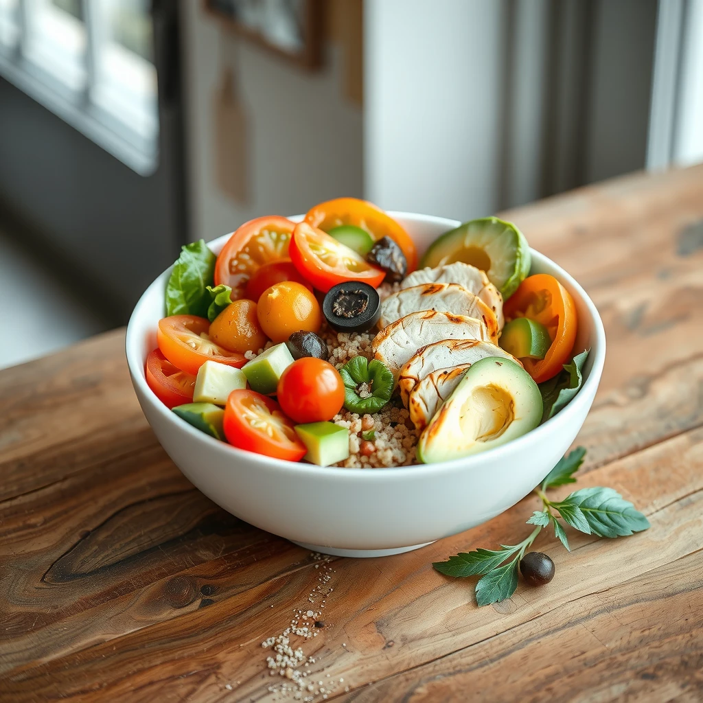 Bol colorat cu salată sănătoasă conținând legume proaspete, pui grill, quinoa și avocado