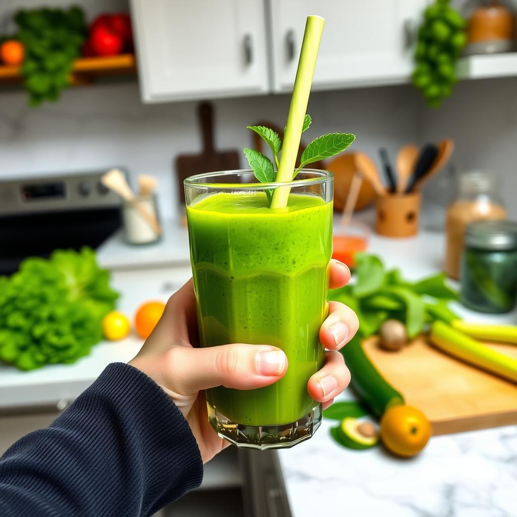 A close-up image of a person holding a green smoothie in a glass, with visible ingredients like spinach, banana, and chia seeds. The background shows a kitchen counter with fresh fruits and vegetables, conveying a sense of health and vitality.