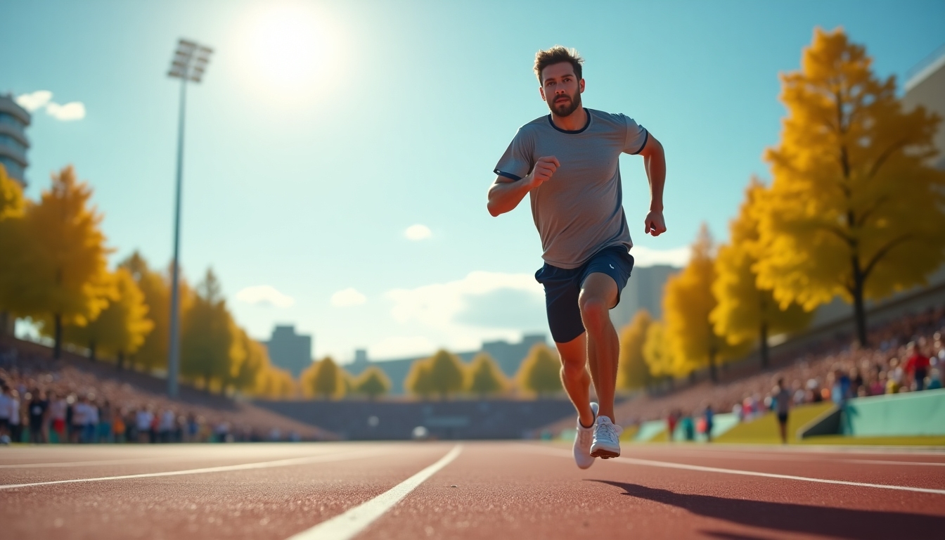 Sportiv alergând pe o pistă de atletism pe o zi însorită