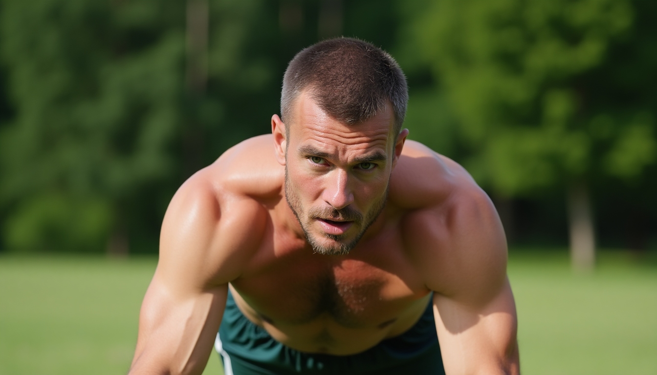 Bărbat într-un parc care face mountain climbers pe un câmp cu iarbă, cu copaci în fundal, cu sudoare vizibilă pe frunte.