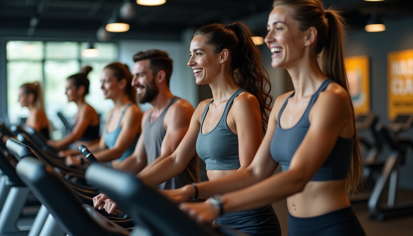 A group of people in a gym participating in a cardio workout session.