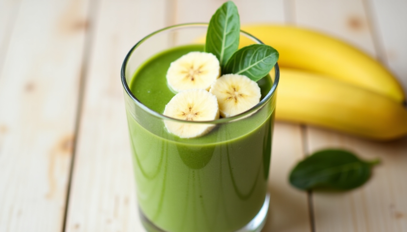 Smoothie verde cu spanac și felii de banană deasupra, servit într-un pahar de sticlă.