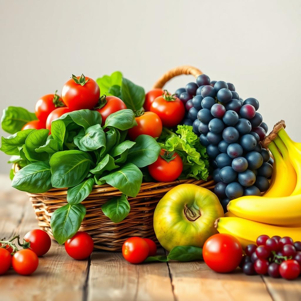 Coș de răchită plin cu fructe și legume proaspete, inclusiv roșii roșii, spanac verde, banane galbene și struguri mov, așezate pe o masă de lemn sub lumină naturală.