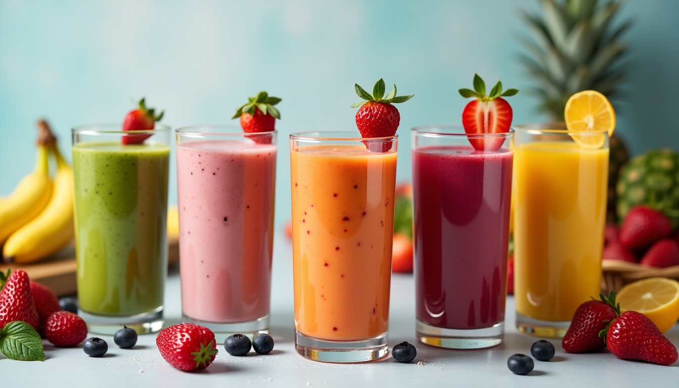 Masă de mic dejun cu cinci smoothie-uri colorate și ingrediente proaspete.