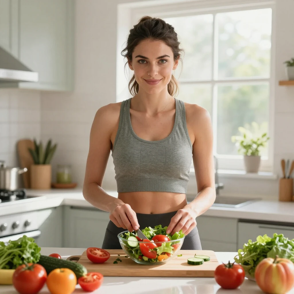 Femeie pregătind o salată sănătoasă în bucătărie, cu un zâmbet motivat