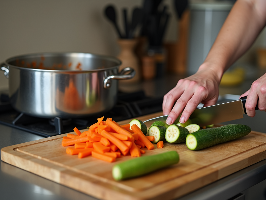 Persoană care gătește într-o bucătărie primitoare, tăind legume proaspete precum morcovi și zucchini pe un tocător din lemn.