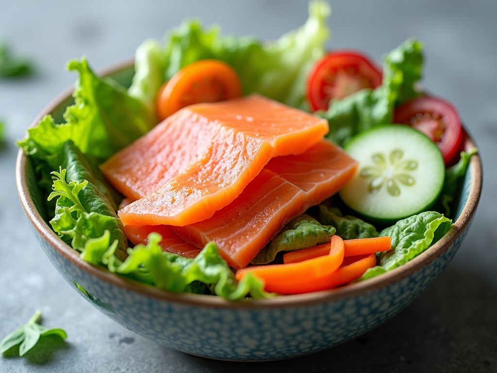 Un bol cu salată colorată ce include legume proaspete și somon afumat, prezentat pe o masă de lemn.